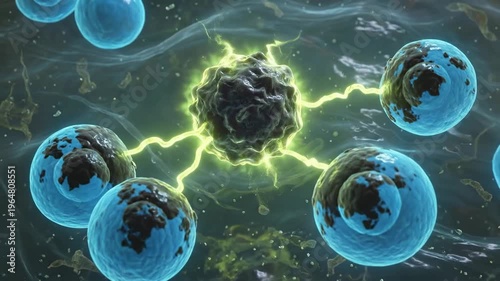 3D medical animation of a senescent cell (zombie cell) infecting healthy neighboring cells via SASP. Cellular aging and disease concept