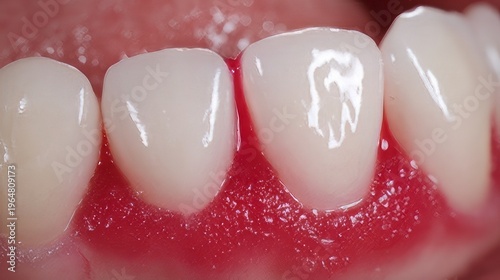 Inflamed, bleeding gums and teeth dental health issue. Red, inflamed gums early sign of gingivitis or gum disease. Bleeding, swollen gums with damaged gum tissue during brushing or flossing. 