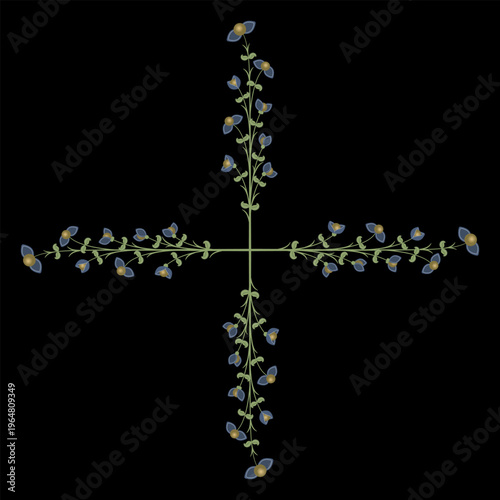 Square floral cross shape decorative element with four blooming branches. On black background.