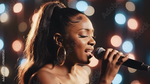 Young black female singer performing live with microphone and bokeh lights