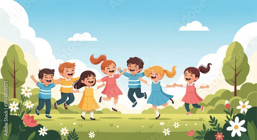 Children Happily Playing and Jumping Together in a Vibrant Green Park