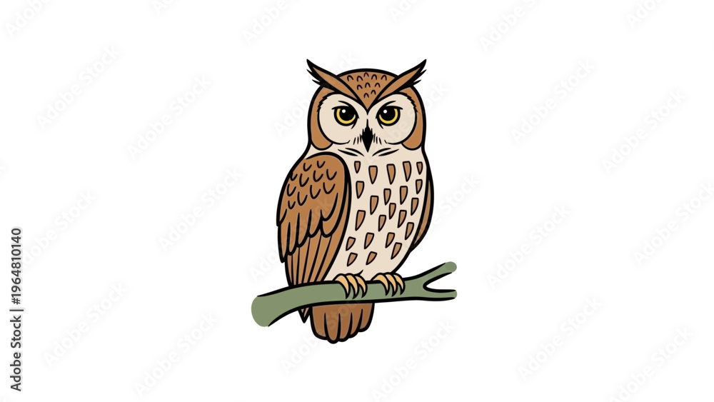 Obraz premium A cute little brown and white owl with wise eyes sits on a branch as a wild feathered predator and nature's nocturnal hunter in this wildlife portrait.