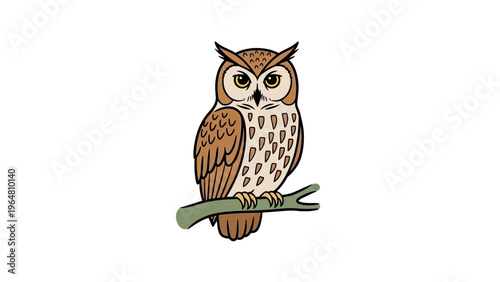 A cute little brown and white owl with wise eyes sits on a branch as a wild feathered predator and nature's nocturnal hunter in this wildlife portrait.