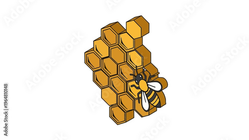 A closeup of golden honeycomb and honeybee isolated on a transparent background serves as a healthy food ingredient and a symbolic business metaphor for wealth.