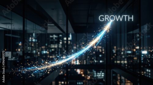 Dynamic neon arc rises above urban skyline depicting upward market trend and investment potential