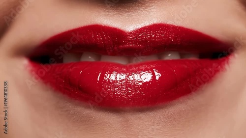 Closeup of glossy, vibrant red lipstick on full, sensual lips
