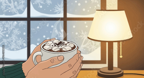 Hot Chocolate with Marshmallows and Snow Falling Outside a Cozy Window