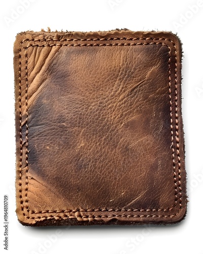 Worn leather patch with stitched border and embossed texture, isolated on white background 