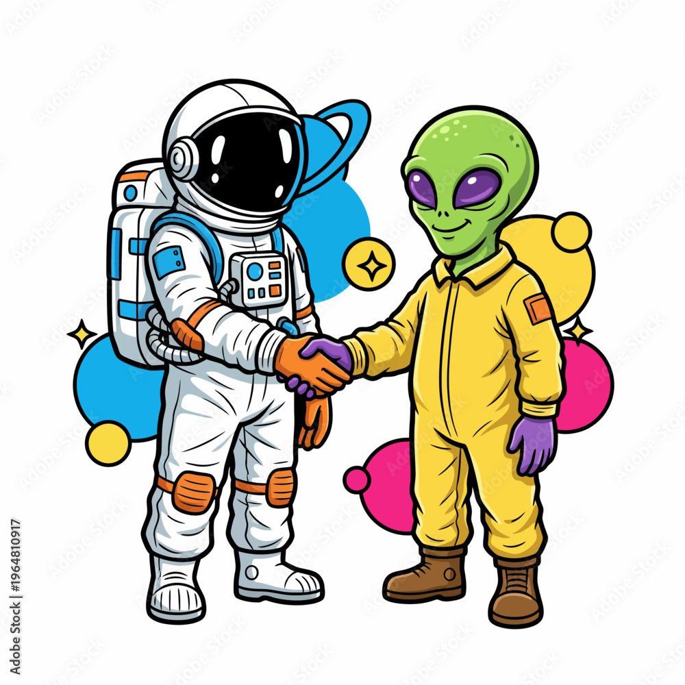 Obraz premium Cartoon Vector Illustration of an Astronaut and Green Alien Shaking Hands Symbolizing First Contact and Universal Cooperation