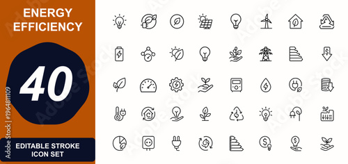 Energy efficiency web icons in line style. electricity, renewable power, sustainability, consumption, cost savings, meter, green technology. Editable stroke. Vector illustration.