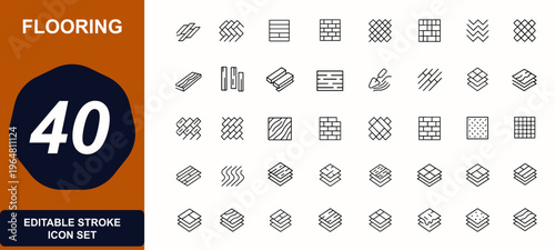 Flooring materials web icons in line style. wood, parquet, tile, plank, deck, cement, surface, texture, interior, construction, renovation, architecture, pattern. Editable stroke. Vector illustration