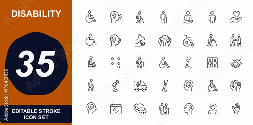 Disability and accessibility web icons in line style. assistance, inclusion, support, medical care, rehabilitation, wheelchair, deaf, braille, mobility, equality, diversity. Editable stroke. Vector.
