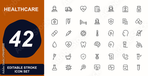 Healthcare and medical line web icon set. hospital, clinic, doctor, patient, diagnosis, ambulance, cardiology, treatment, pharmacy, laboratory, emergency care. Editable stroke. Vector illustration.