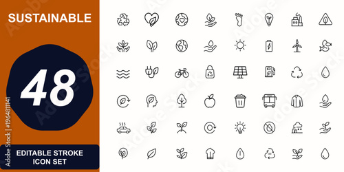 Sustainability and environmental web icons in line style. recycling, renewable energy, ecology, waste management, solar, water, carbon footprint, industry, conservation. Editable stroke. Vector.