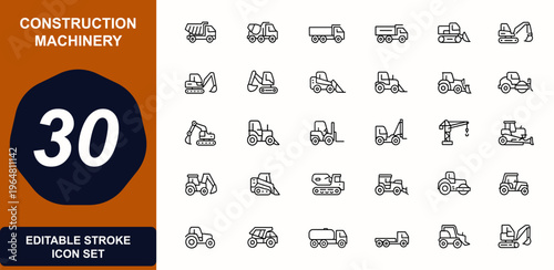 Construction machinery web icons in line style. heavy equipment, trucks, cranes, bulldozer, loader, forklift, backhoe, transport, engineering, industrial vehicles. Editable stroke. Vector illustration