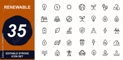 Renewable energy outline web icons set. green power, eco electricity, solar panel, wind turbine, hydroelectric, geothermal, biomass, hydrogen, climate, sustainability. Editable stroke. Vector.