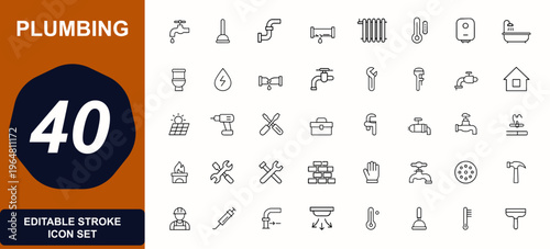 Plumbing and HVAC outline web icons in line style. bathroom, boiler, pipe, radiator, faucet, pump, duct, maintenance, repair, construction, renovation, engineering. Editable stroke. Vector.