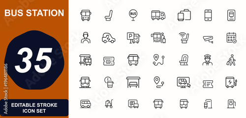 Bus station outline web icons in line style. transport, passenger, route, ticket, driver, arrival, seat, baggage, booking, parking, security, transit. Editable stroke. Vector illustration.