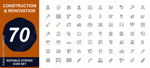 Construction and renovation web icons in line style. builder, architecture, electrician, plumbing, machinery, repair, tools, blueprint, equipment, maintenance. Editable stroke. Vector illustration.