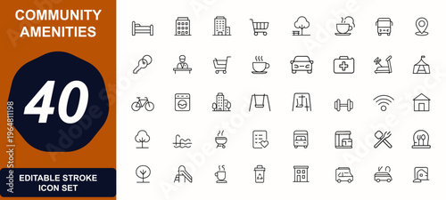 Community amenities web icons in line style. accommodation, apartment, building, gym, park, security, transport, concierge, facility, infrastructure, residential, services. Editable stroke. Vector.