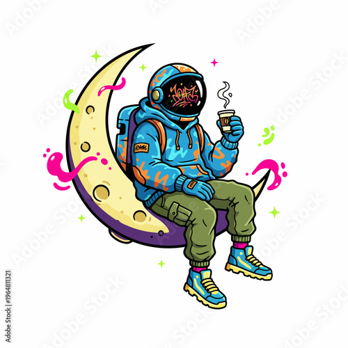 Graffiti Style Astronaut Character Sitting on a Crescent Moon Drinking Coffee Illustration