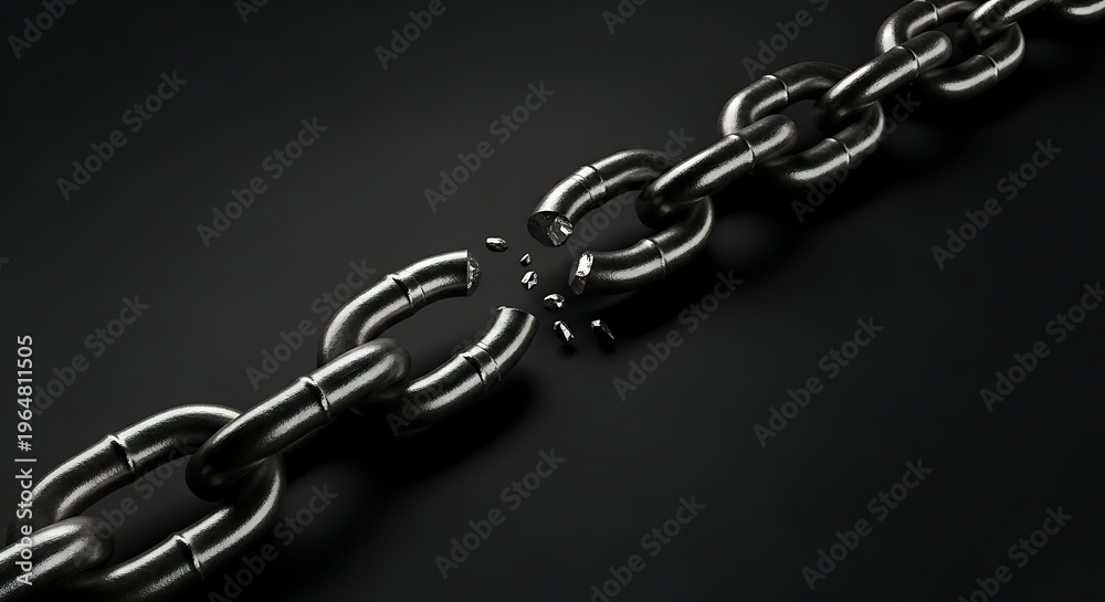 Fototapeta premium Heavy duty metal chain links snap apart revealing bright light and debris symbolizing release from constraint and sudden change.