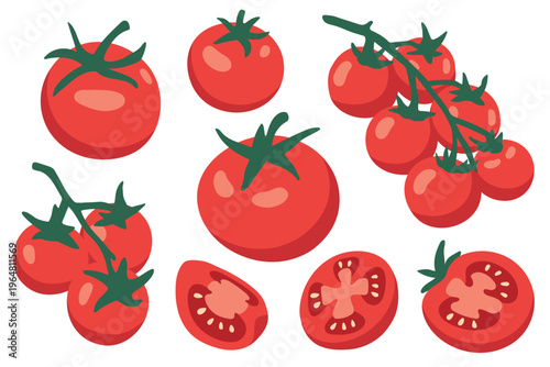 Set of red whole,slice,half tomatoes with shadows style. Fresh whole tomato vegetables isolated on light background
