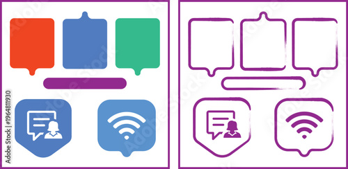 Speech bubble elements with communication icons wifi symbol and chat messages on transparent background.