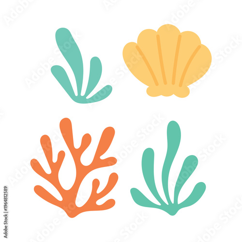 Coral illustration nature for vector sea seaweed and ocean abstract water. Plant icon design for summer silhouette coral and art graphic background. Coral tropical beach for vector set