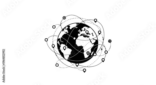 Black and white illustration of global connections.