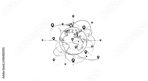 Black and white illustration of global connections and travel routes.