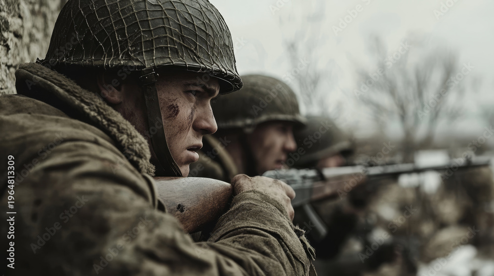 Fototapeta premium Soldiers in uniform with helmets and rifles prepare for battle in a gritty, realistic portrayal