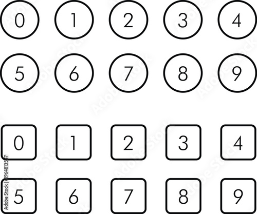 Minimal Number Icon Set with Circle and Square Outline Frames, Minimal Number Icon Set 0 to 9 in Circle and Square Frames, Outline Numeric Vector Collection.