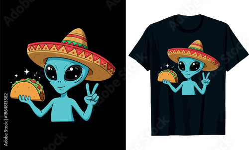 Funny Alien Character Eating Taco with Sombrero for Cinco de Mayo Fiesta T-shirt design