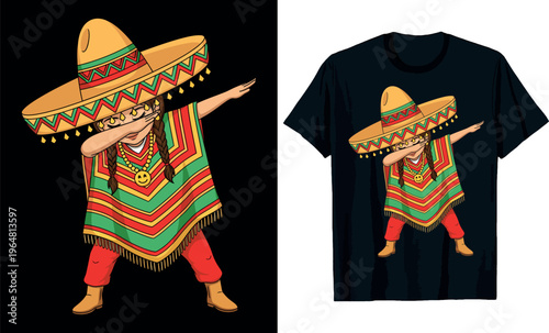 Funny Dabbing Mexican Girl in Colorful Poncho and Sombrero for Cinco de Mayo Fiesta T-shirt design