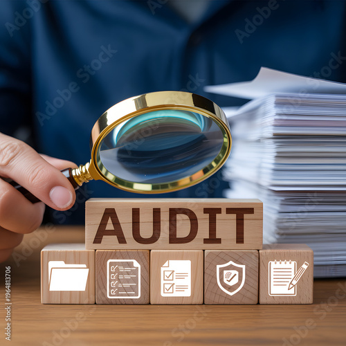  Magnifying glass inspecting audit folder and documents on office desk, financial audit and investigative review concept