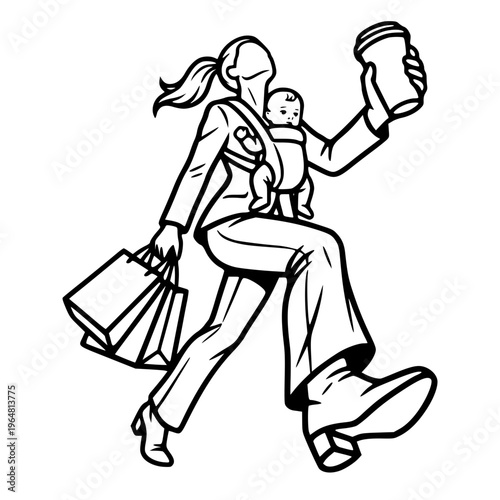 Multi-Tasking Working Mom with Baby Coffee and Shopping Vector Illustration