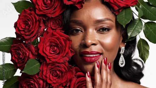 Elegant woman with crown of red roses and diamond earrings