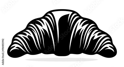 Professional black croissant silhouette with detailed flaky texture isolated on white background for artisanal bakery and French pastry branding concepts.