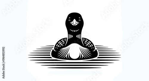 Professional black loon silhouette shown from a front perspective swimming on water with detailed plumage patterns isolated on white background for lakeside and wilderness conservation concepts.