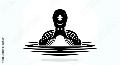 Professional black loon silhouette shown from a front perspective swimming on water with detailed plumage patterns isolated on white background for lakeside and wilderness conservation concepts.