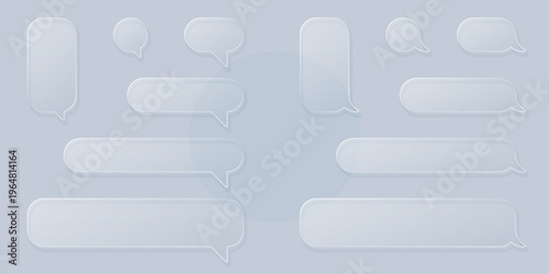 Transparent glass speech bubble set. Realistic glass morphism effect. Vector ui design element, chat dialog boxes