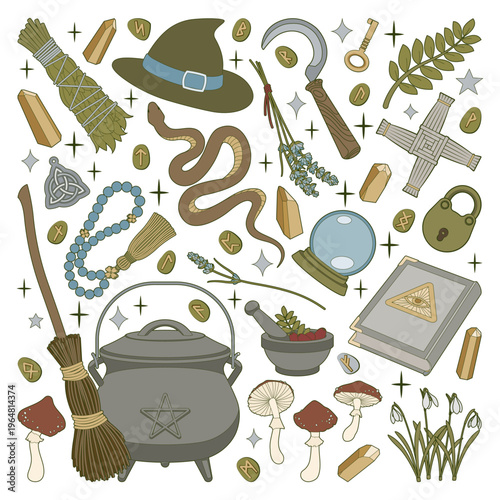 Magic items. Hand drawing illustration.