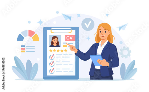 Human resources concept. Review job candidate resume for vacancy or hiring qualification. HR manager analyzing applicant. Business people select and review talent person to fill job positions