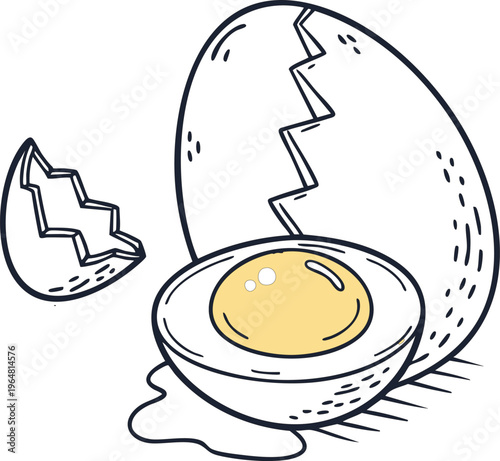 Cracked hard-boiled egg with yolk broken shell pieces and a splash of liquid simple line art illustration for food concepts