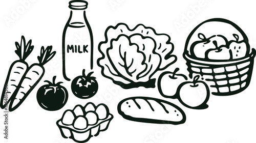 Hand-drawn illustration of fresh groceries including milk vegetables bread and eggs perfect for healthy eating concepts and farm-to-table designs