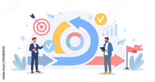 Agile methodology for effective project management. Scrum meeting. Project life cycle.  Flexible developing process. Business people improve business with productive strategy, discuss optimization