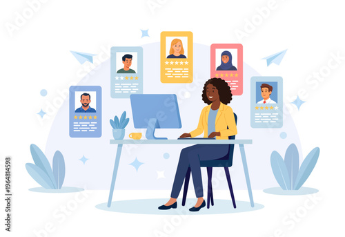 Recruitment agency hiring employees. Hr manager looking for, selects the best candidate for job vacancy. CV, resume analysis. Human resources management. Vector Illustration
