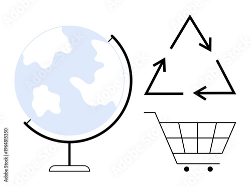Sustainability, eco-friendly products, zero waste lifestyle, global responsibility, recycling initiatives, ethical shopping. ion of a globe, recycling symbol and a shopping cart. Sustainability