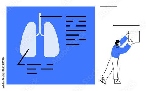 Health concept. Health illustration showing human lungs diagram alongside a figure interacting with data elements. Health education, medical research, data analysis, wellness, diagnostics
